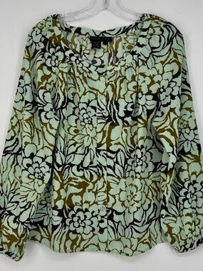 Ninety Womens Large Button Up Blouse Mint Green Tan Brown Floral Round Neck LS